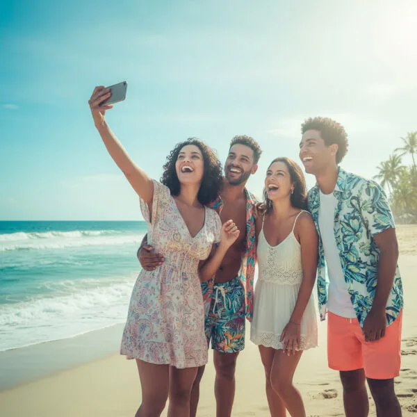 Pessoas sorrindo em uma praia e tirando uma foto