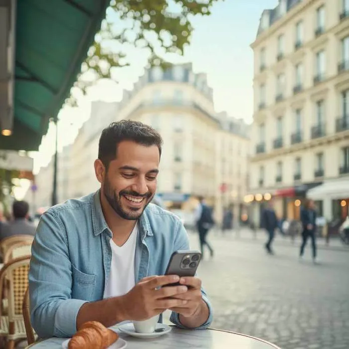 Um homem jovem de barba curta e camisa jeans sorri alegremente enquanto olha para o seu smartphone. Ele está sentado à mesa de um café ao ar livre em uma rua europeia, com um croissant e uma xícara de café à sua frente.